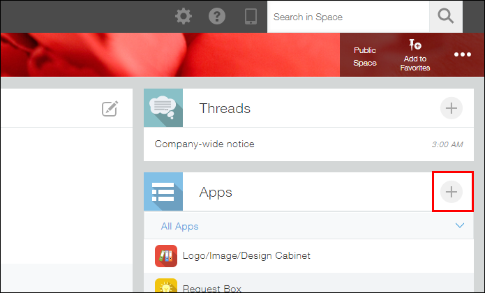 Screenshot: The "Create App" button on a space with multiple threads