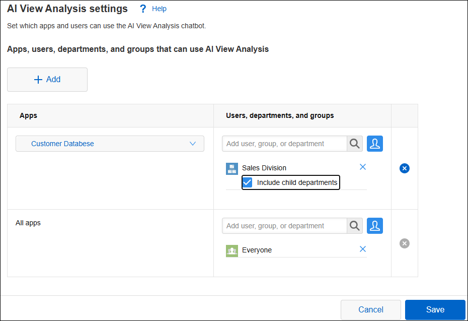 Screenshot: Setting up the apps and users that can use the AI View Analysis feature