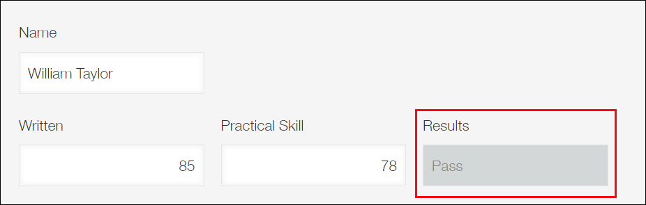 Screenshot: "Pass" is automatically displayed because the "Written" field has a score of 80 or higher