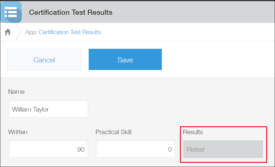 Screenshot: "Retest" is automatically displayed because the sum score of the "Written" and "Practical Skill" fields is not 160 or higher