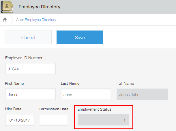 Screenshot: "1" is automatically displayed in the "Employment Status" field because a value is entered only in the "Hire Date" field