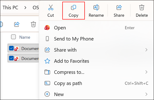 Screenshot: Selecting and copying a file in a file manager