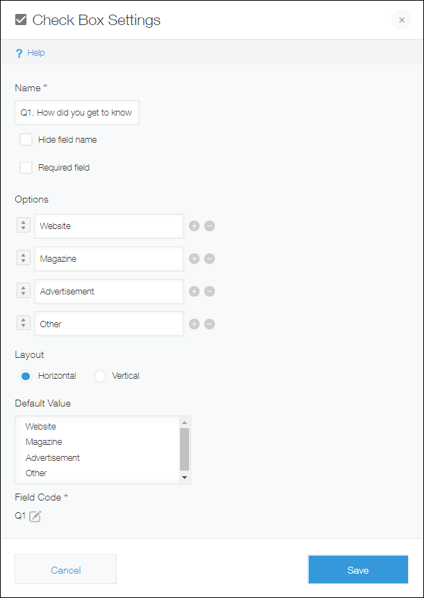 Screenshot: The settings screen of a "Check box" field