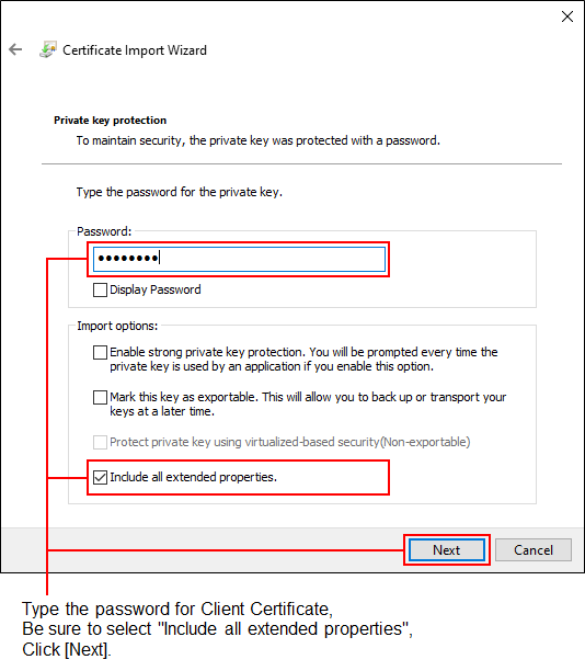 Screenshot: Client certificate installation screen