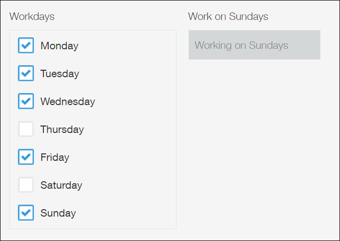 Screenshot: "Working on Sundays" is automatically displayed because the "Sunday" checkbox is selected for the "Workdays" field