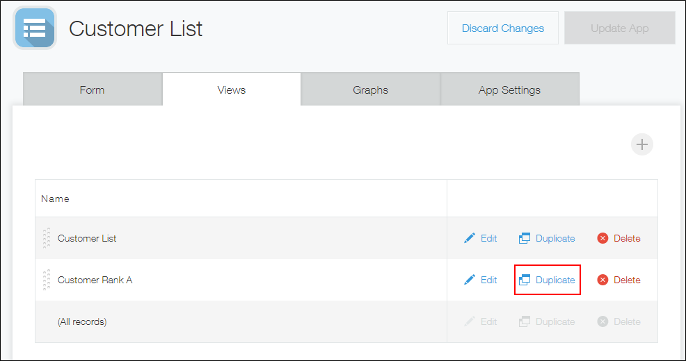 Screenshot: "Duplicate" in the "Views" tab of App Settings is outlined in red