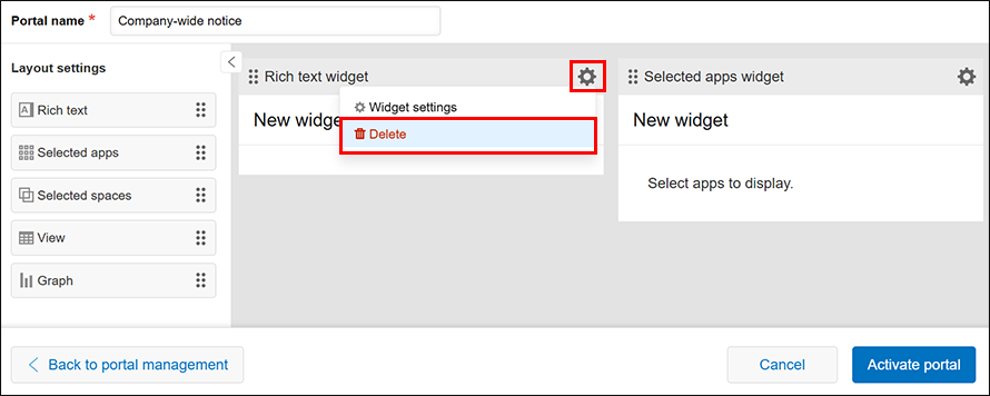 Screenshot: Deleting a widget