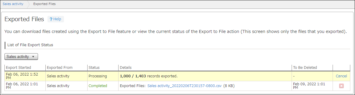 The "Exported Files" screen