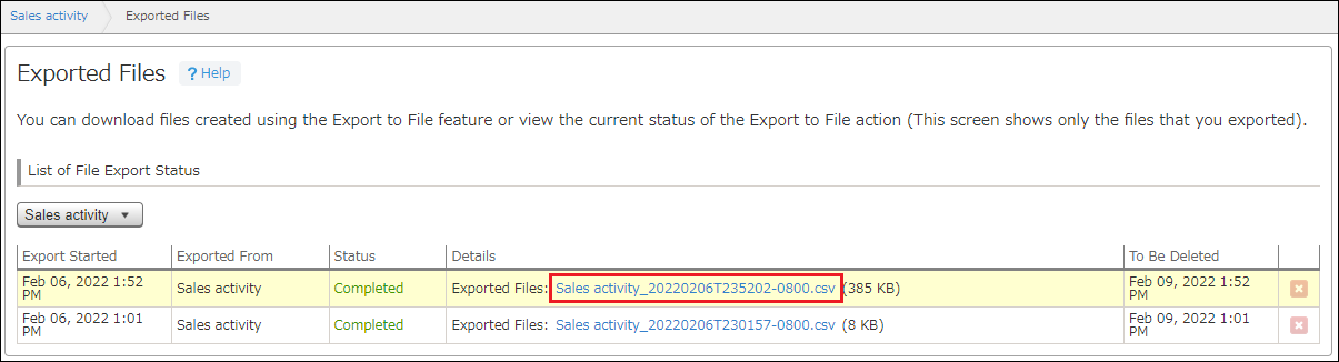 Downloading a file on the Exported Files screen