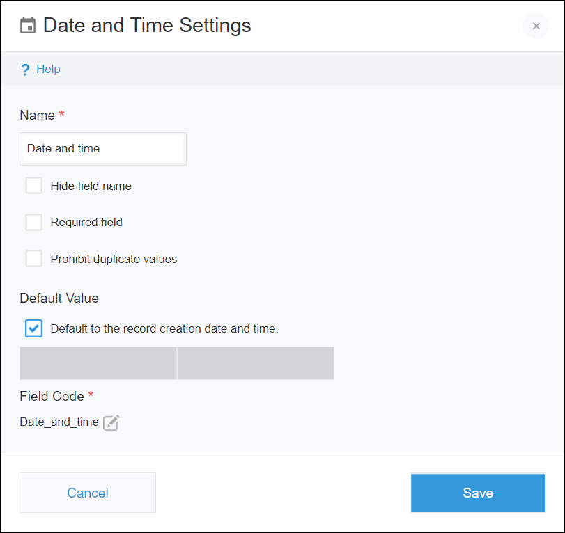Date and time field screen