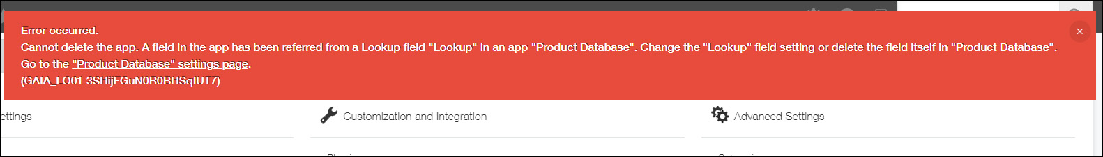 Screenshot: An error message is displayed when a user tries to delete an app