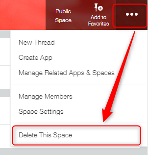 Screenshot: The "Options" icon at the upper right of the space screen and "Delete This Space" are outlined in red