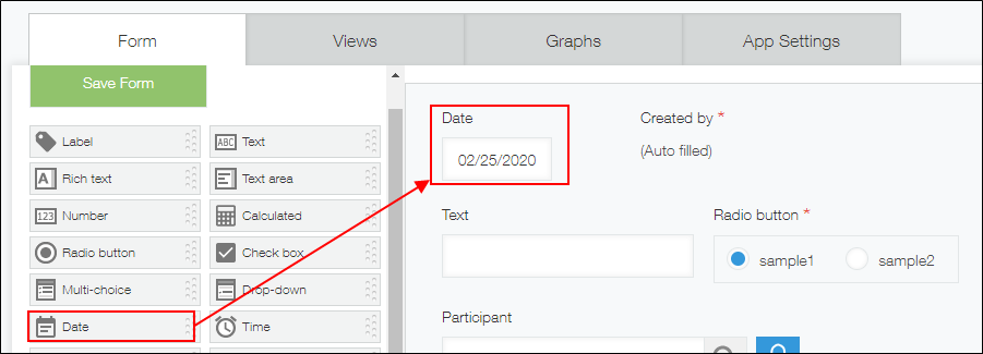 Screenshot: Placing a "Date" field on the "Form" tab
