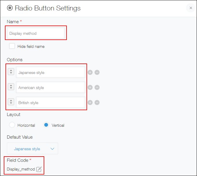 Screenshot: The "Name" and "Options" sections in the settings of a "Radio button" field are outlined in red