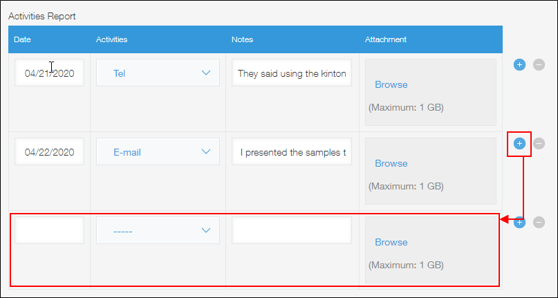 Adding a row in the table