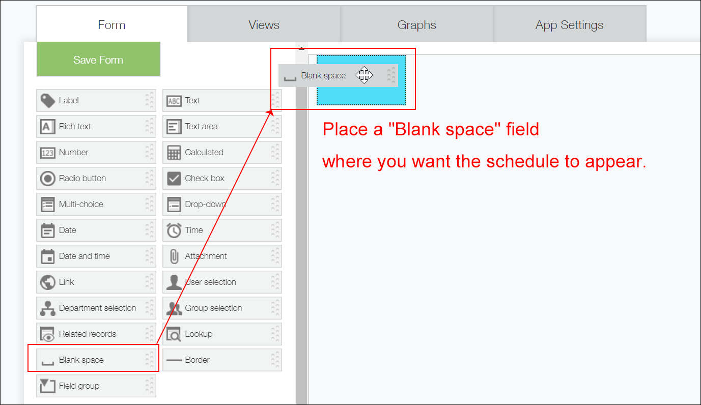 Screenshot: The app's Form setting screen that shows a "Blank space" field being placed on the app form