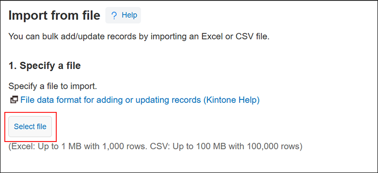 Screenshot: The screen to select a file to import