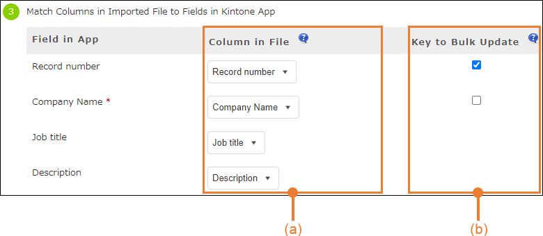 Screenshot: Mapping the correspondence between file columns and app fields