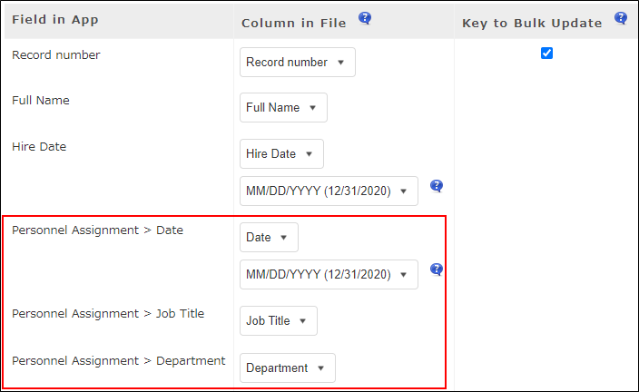 Screenshot: Table fields on the screen where you specify target fields for file import