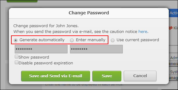 Screenshot: "Generate automatically" and "Enter manually" are outlined in red on the "Change Password" dialog
