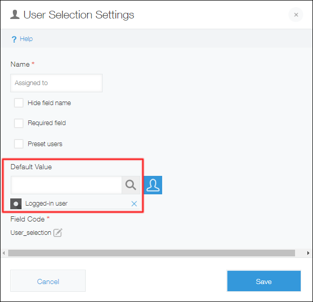 Screenshot: "Logged-in user" is added as the default value on the "User Selection Settings" dialog