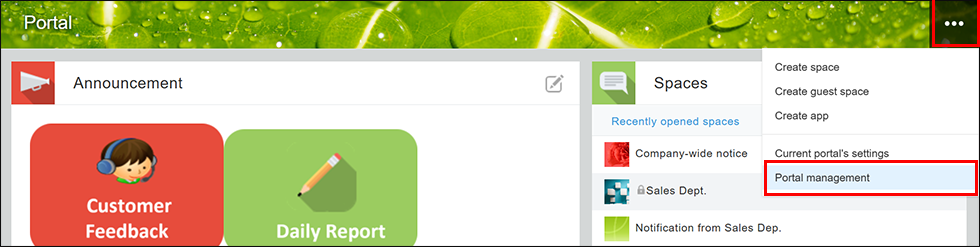 Screenshot: The "Options" icon and "Portal management" option are highlighted