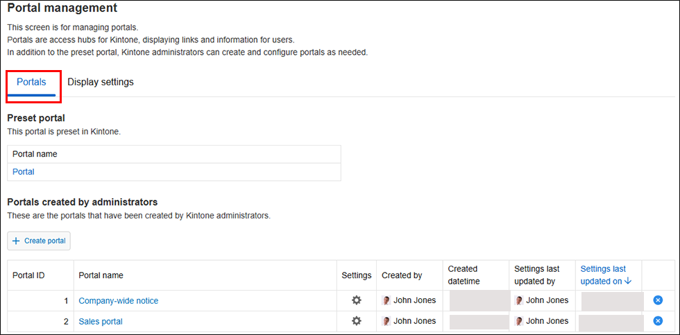 Screenshot: The "Portals" tab is selected on the "Portal management" screen