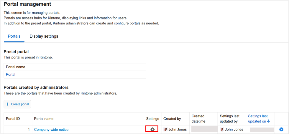 Screenshot: The "Settings" icon is highlighted on the "Portal management" screen