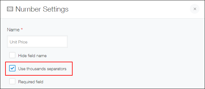 Screenshot: "Number" field settings. "Use thousands separators" is selected.