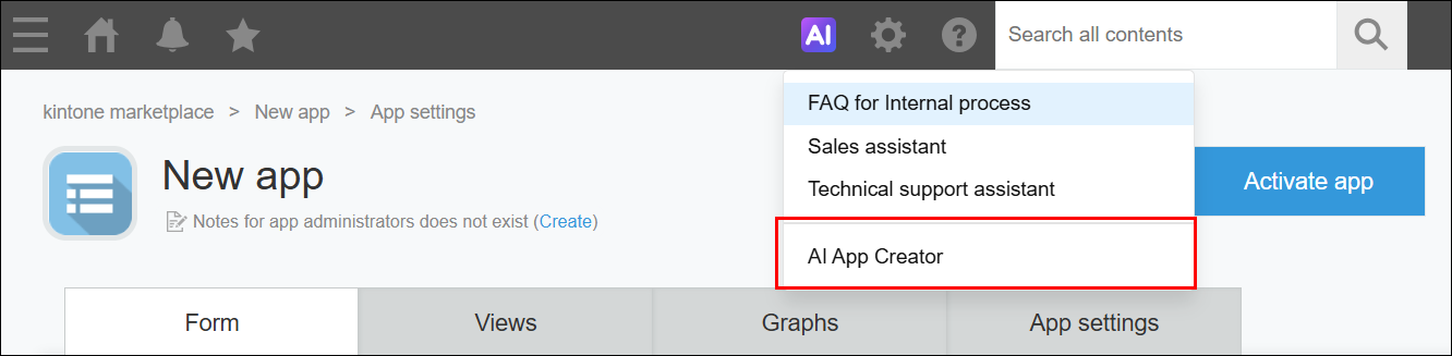 Screenshot: The "AI App Creator" link is highlighted in the "AI" menu