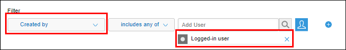 Screenshot: On the "View" screen in App Settings, "Created by" and "Logged-in user" are outlined in the "Filter and Sort" section