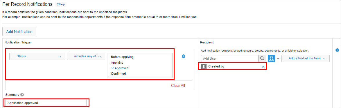 Screenshot: On the "Per Record Notifications" screen, the "Notification Trigger" section, "Summary" section, and "Created by" in the "Recipient" section are outlined