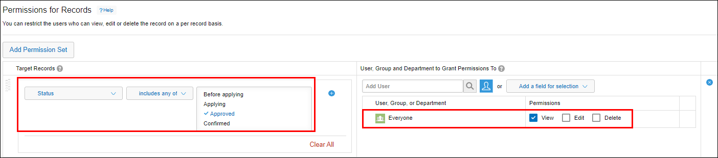 Screenshot: The "Target Records" section and "Everyone" in the "User, Group, and Department to Grant Permissions To" section are outlined on the "Permissions for Records" screen