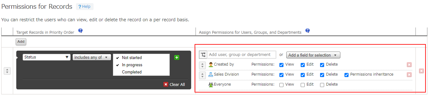 Configuring the "Assign Permissions for Users, Groups, and Departments" section