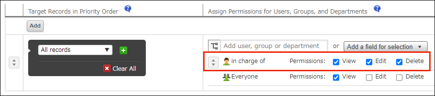 Screenshot: An example setting where permission is set for a "User selection" field