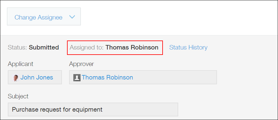 Screenshot: The current assignee of a record is displayed