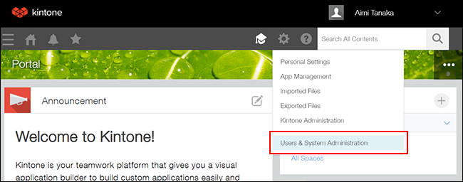 Screenshot: Clicking the "Settings" icon and "Users & System Administration"