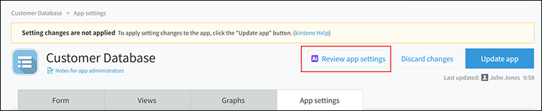 Screenshot: The "Review app settings" button is highlighted