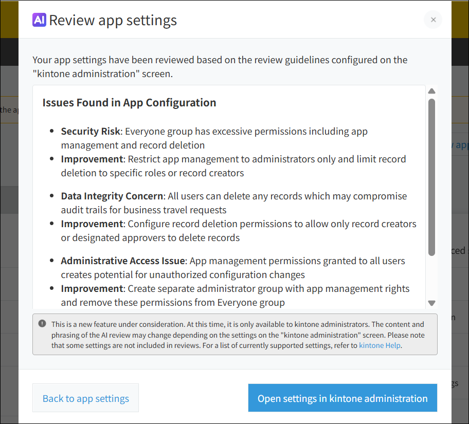 Screenshot: Review results generated by the AI App Settings Review feature