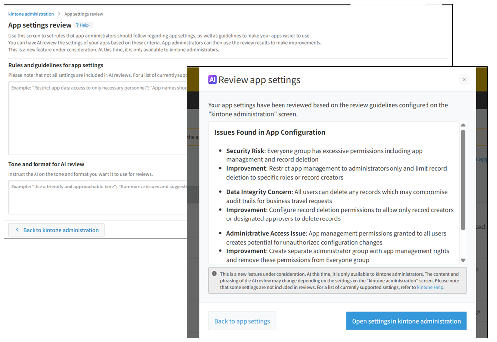 Screenshot: Using the AI App Settings Review feature