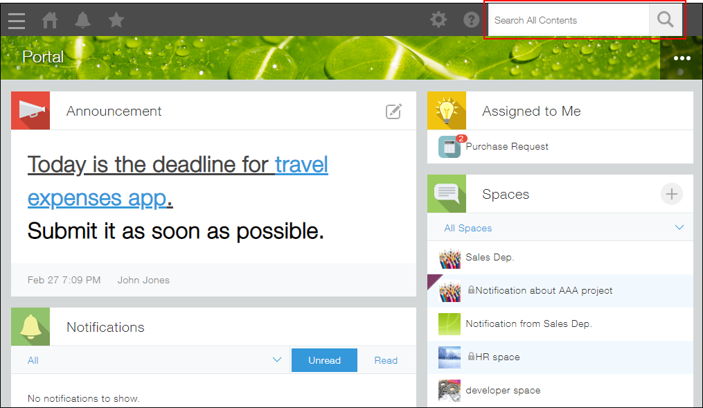 Screenshot: The search box on Portal is outlined in red