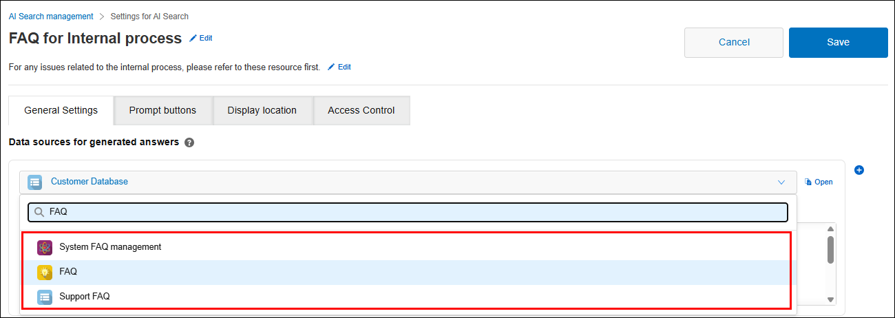 Screenshot: A list of suggested apps is displayed in the data source settings