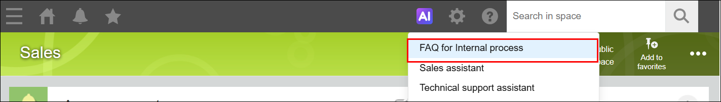Screenshot: The name of an AI Search chatbot is highlighted in the menu at the top of the screen