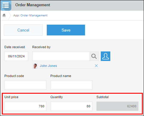 Screenshot: An app with a formula set to produce a "Subtotal" value by multiplying the values in the "Unit price" and "Quantity" fields