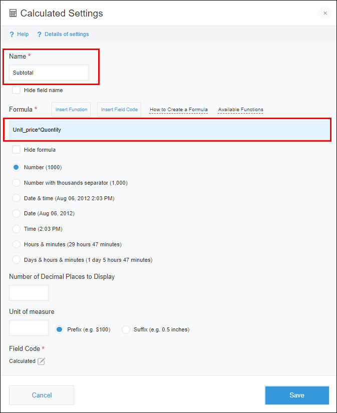 A subtotal is automatically calculated when numeric values are entered