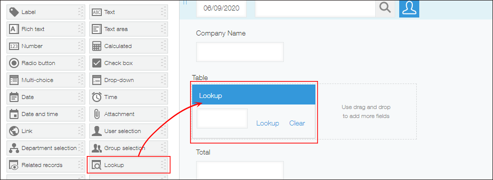 Screenshot: A "Lookup" field being placed in a table in the right-hand area of the "Form" tab in App Settings