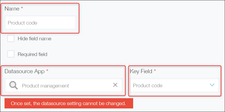 Screenshot: On the "Lookup Settings" screen, the "Name", "Datasource App", and "Key Field" sections are outlined in red