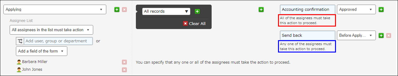 Screenshot: An input field for the action that must be performed by one of the assignees is added on the screen