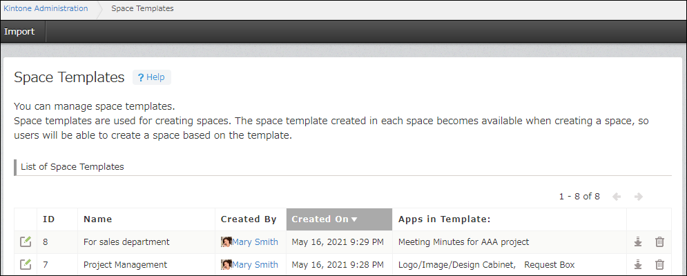 The screen to manage space templates