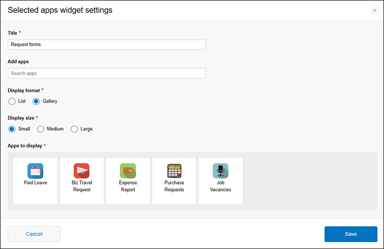 Screenshot: The "Selected apps widget settings" screen